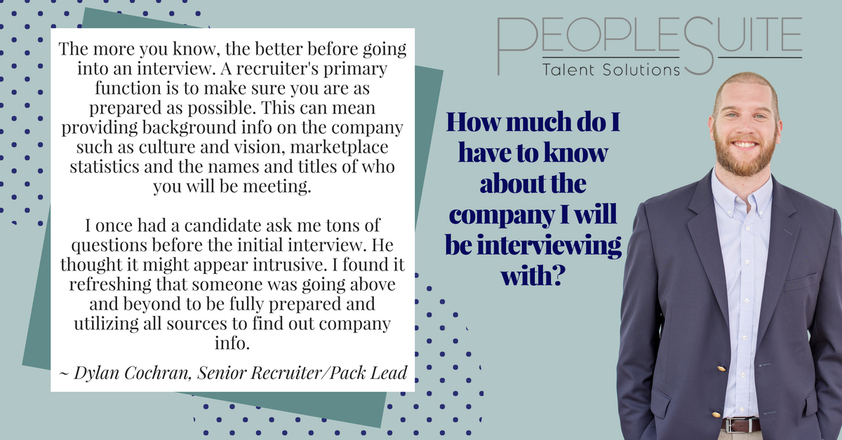 dlp3010's tweet photo. How much do candidates need to know going into a job interview? @PeopleSuite1 Senior Recruiter Dylan Cochran believes you should err on the side of too many questions when interview prepping https://t.co/eL1JKuw6Ln  #InterviewPrep #ContingencySearch #TalentSpecialists https://t.co/qOln1NGaPy