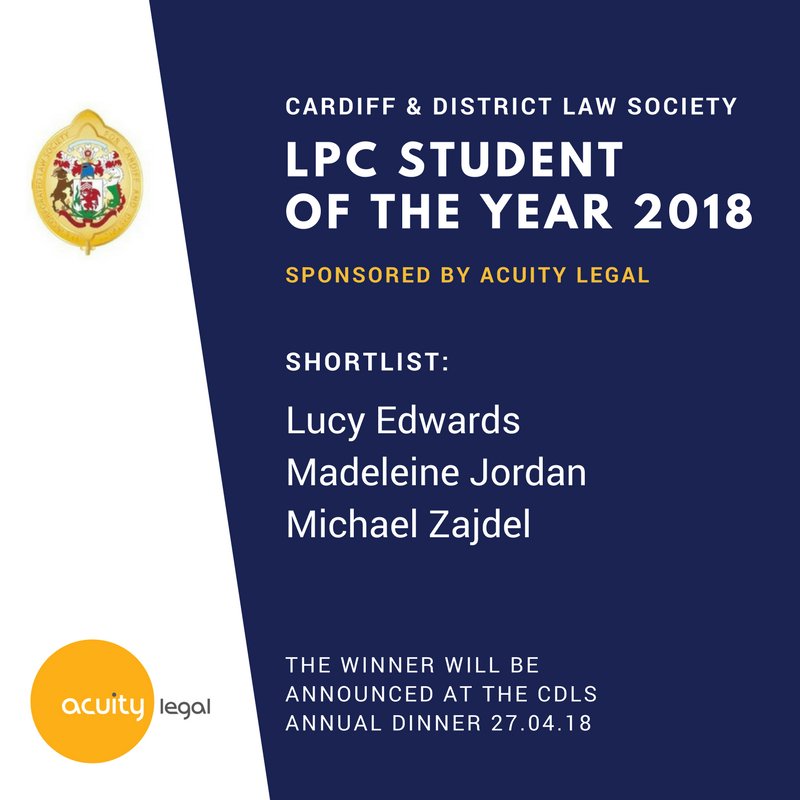 CardiffLawSoc's tweet photo. We are delighted to announce the #shortlist for the #CDLSAwards 2018 for #JuniorLawyer & also #LPCStudent of the year. Winners announced at our Annual Dinner next week! Our Simon Mumford award for contribution to the legal sector will be announced on the night. Congratulations! https://t.co/B7jXn1Nsr6