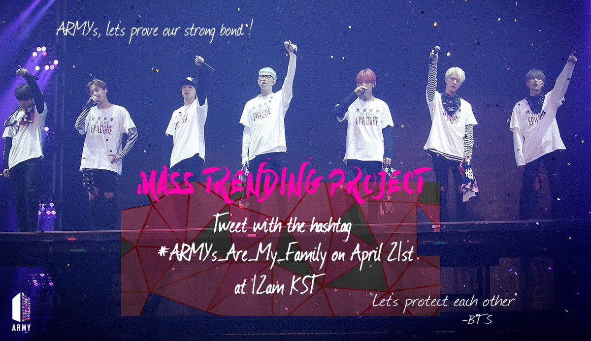 BTSSouth_Africa's tweet photo. ARMY 

On April 21st, 2018 at 12am KST let us all come together and express our love to one another as a family. 

Please use the hashtag #/ARMYs_Are_My_Family and spread the love to your close mutuals and friends. Let's stick together and cheer for BTS together! https://t.co/WTpuZEBLAa