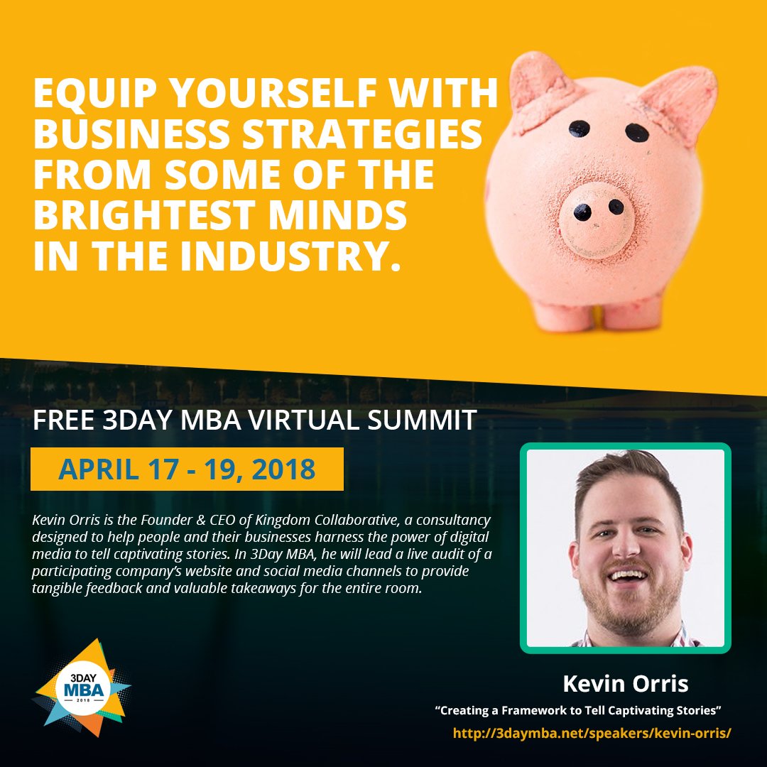 3daymba's tweet photo. ON DECK: Our next presenter on the #3daymba 2018 Virtual Summit is Kevin Orris - this is our 3rd and final day of the event - join us https://t.co/DhEE7TKFnD
Session Time: 11:30 - 12:15 PM
Session Topic: PUTTING IT ALL TOGETHER https://t.co/nPz5NAWCN0