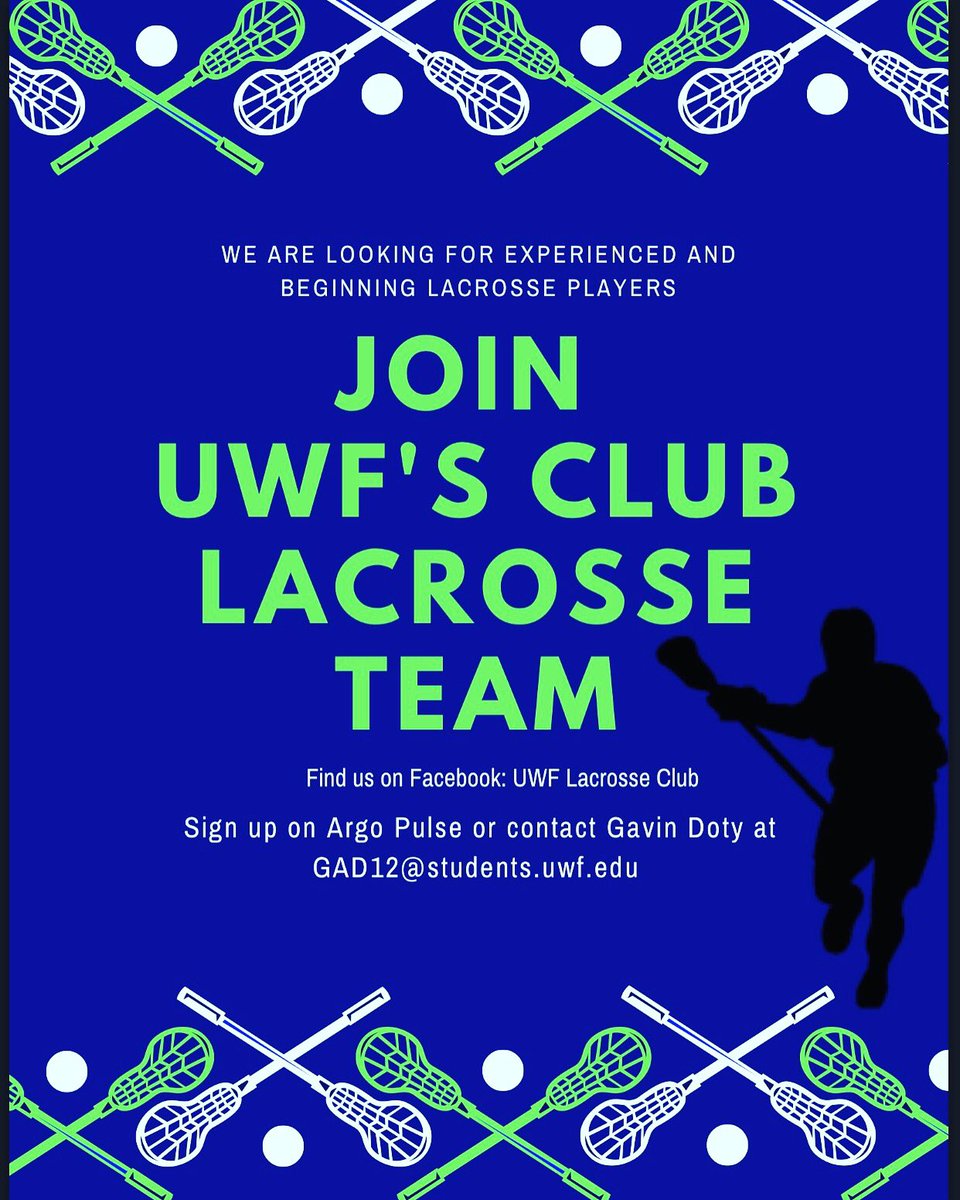 UWFRec's tweet photo. Any LAX fans out there? Or just looking to get involved? UWF Club lacrosse is looking for new members and is doing big things @UWFLax https://t.co/vhEeb0E2Mb
