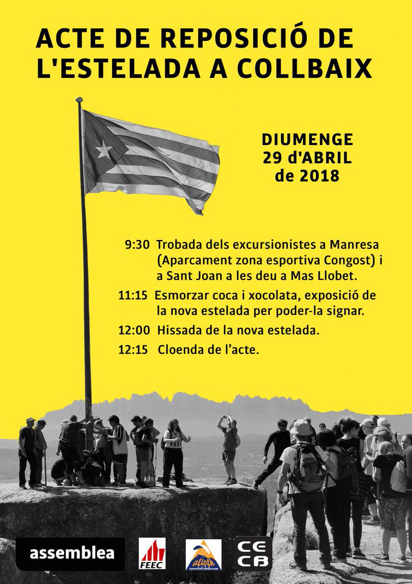 FemCECB's tweet image. El pròxim diumenge 29 d'abril tindrà lloc l'acte de Renovació de l'Estelada al cim del Collbaix, la més emblemàtica del Bages. Vine a signar-la i hissar-la amb nosaltres! @FEEC_cat @assemblea #Estelada #Collbaix #Bages