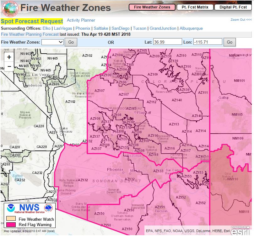 A_SNFs's tweet image. The NWS has issued a RED FLAG WARNING for Thursday, April 19 for the all of the ASNFs and most of the state of AZ due to strong winds and low relative humidity. For a list of prohibited activities on red flag days. fs.usda.gov/detail/asnf/fi… #OneLessSpark #OneLessWildfire