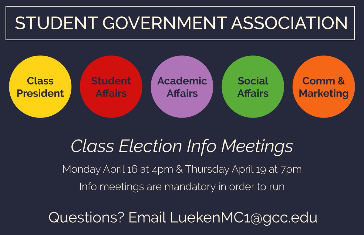 SGAatGCC's tweet photo. Interested in joining SGA next year? Want to represent your class on the senate? Come out to the info meeting tonight to learn more about elections! We'd love to have you! https://t.co/AKorJCokC2
