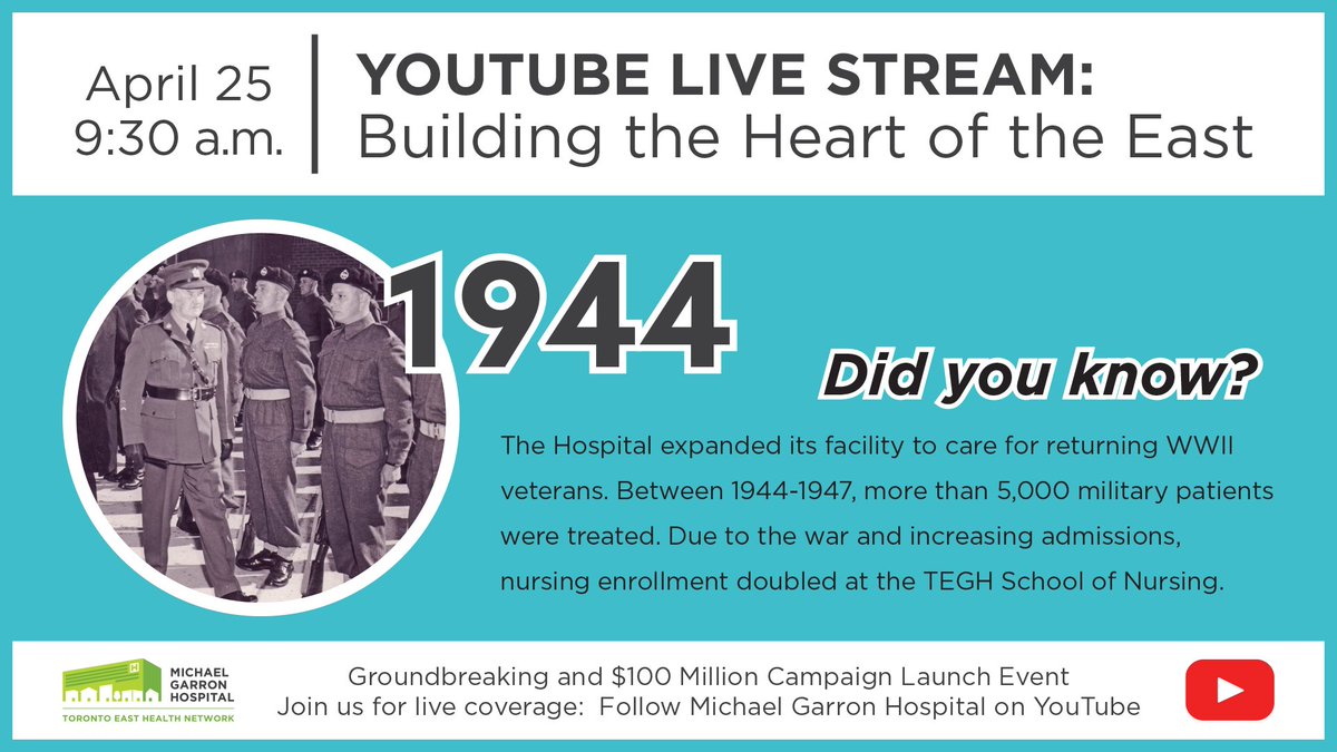 MGHToronto's tweet photo. Remembering MGH through the decades as we prepare to break ground April 25! #TO of the '40s was a place defined by war &amp; its aftermath. We cared for returning #WWII vets until construction on @Sunnybrook was completed in 1946. #HeartoftheEast #BuildtheEast @torontohistory https://t.co/Xv0hPbTvp4