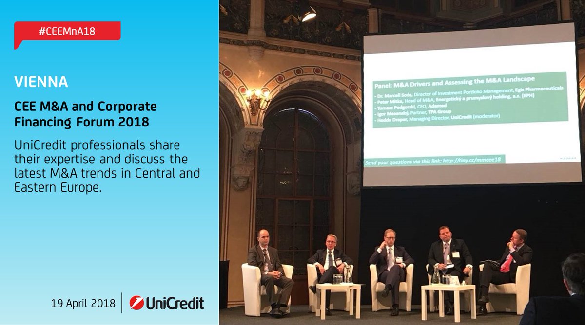 UniCreditEurope's tweet photo. #CEEMnA18: today in #Vienna, #UniCredit participates in the #CEE M&amp;A and #CorporateFinancing Forum 2018. https://t.co/Fvp8IusR8u