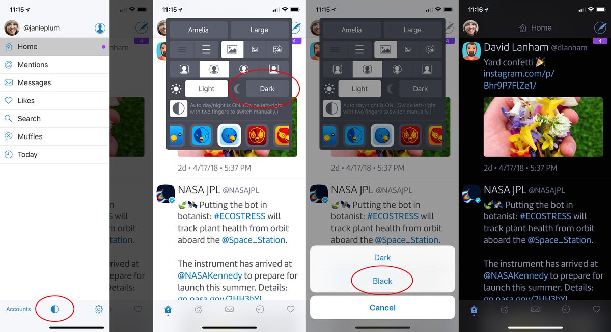 Screen shot outlining the process described in the tweet. Open Sidebar > Tap Appearance Prefs. Tap Dark Theme button & then select Black from action menu