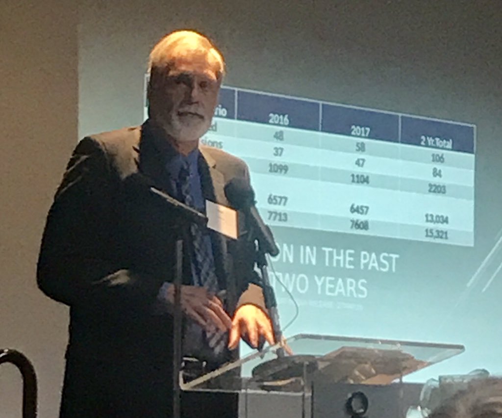 M_Mantha's tweet photo. Numbers don't lie #RailMatters in Northern Ontario ... retired OPP Officer Mark Andrews sharesfacts at 2018 Northeastern Ontario Passenger Rail Summit and cause ... "if you look at the problem you'll find an empty train station". #NEORN #CAPT @OntNorthland @CTVNorthernNews https://t.co/rgBr1QltwP