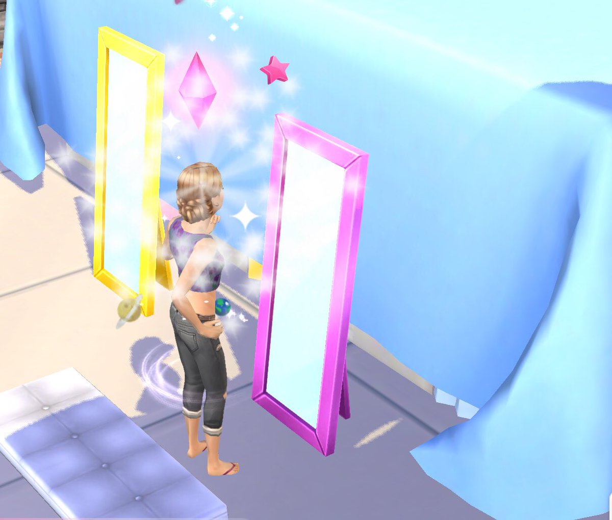 SimGuruHillary's tweet image. Checking herself out during the ASOS event! I think she’s ready for some new clothes! #thesimsmobile #asos