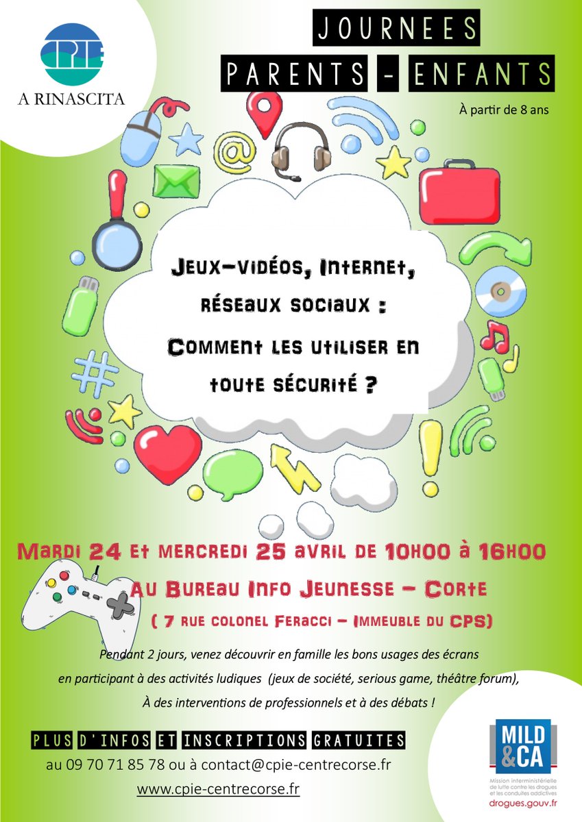 2 journées parents-enfants de sensibilisation « Jeux-vidéos, Internet et réseaux sociaux : comment les utiliser en toute sécurité ? »

📆 les 24 et  25 avril au Bureau Information Jeunesse, 7 rue Colonel Feracci à Corte.

➕ d'infos : cpie-centrecorse.fr
