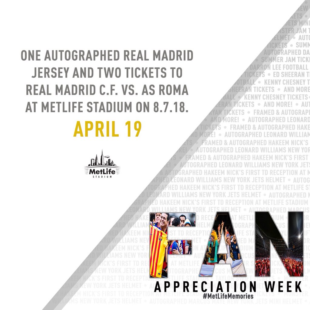 MetLifeStadium's tweet photo. Day 🖐️+✌️+☝️

RT/Follow to enter to win an autographed @realmadriden jersey &amp; ✌️ tickets to the @realmadriden vs. @ASRomaEN @IntChampionsCup match at @MLStadium on 8/7!

RULES: https://t.co/95saTRkd4e 

Sign up for presale: https://t.co/ExFdLXENqO

#MetLifeMemories https://t.co/llDvTH8Mmj