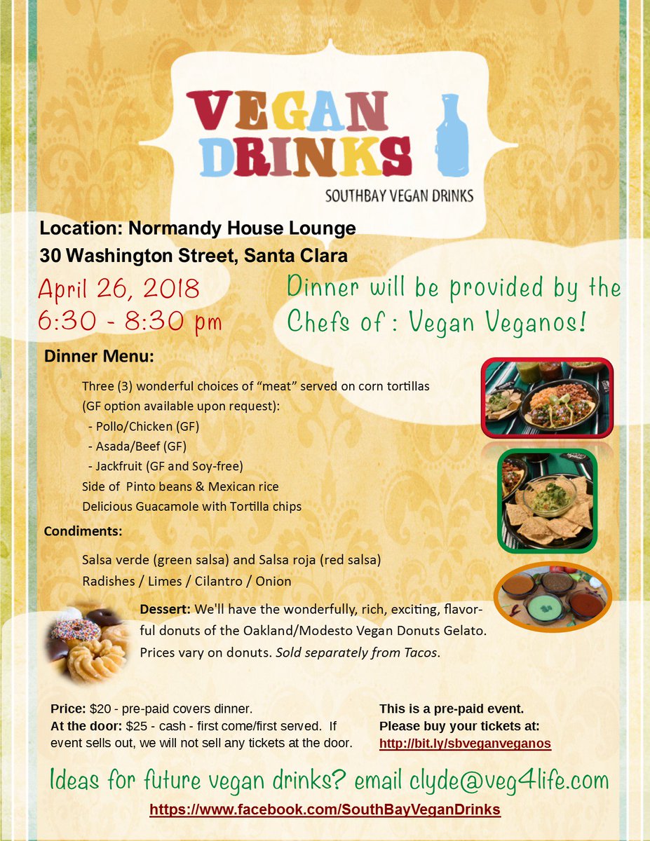 sbayvegandrinks's tweet photo. April 26th, "Tacos and Donuts," A Vegan Miracle, South Bay Vegan Drinks - happening in less than 10 days! Buy tickets. . . like now.  . https://t.co/U5nKkxpm82 https://t.co/ZGUyv2XivY