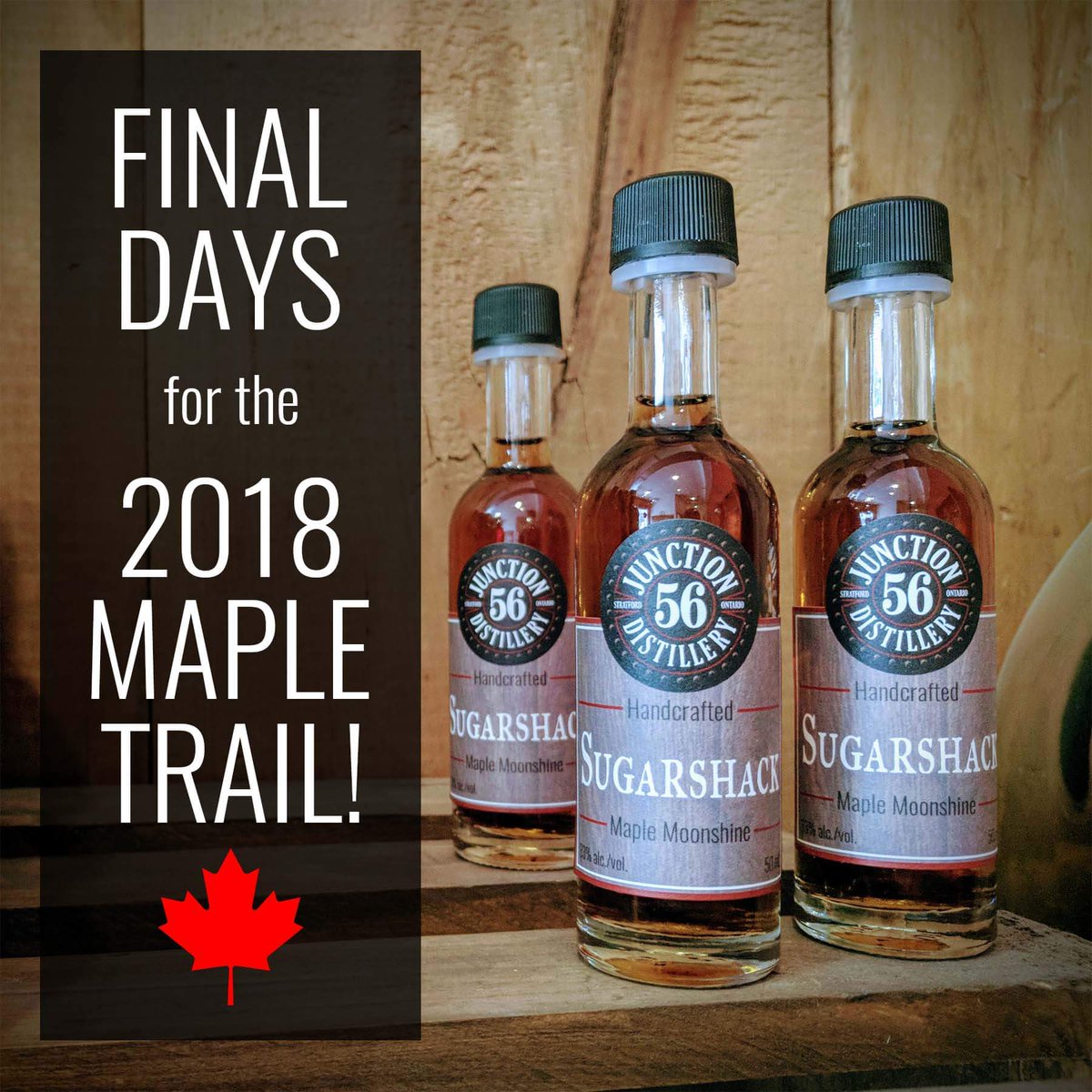 Junction_56's tweet photo. There's just over a week left to experience the @StratfordON #mapletrail! Junction 56 is offering an in-store taste and a 50mL take-home bottle of our Sugarshack Maple Moonshine.
Get your tickets at Stratford Tourism or go to https://t.co/ilz24rfVMc for more details! https://t.co/GIOlz3ZWAE