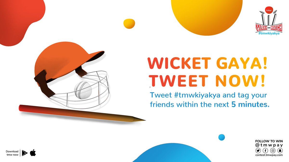 tmwpay's tweet photo. ☝🏻 At last we're off with the 1st Wicket of this innings! You have 5️⃣ minutes to tweet #tmwkiyakya and tag as many friends as you can! 

#T20 #Contest #PlayNow #WicketGaya https://t.co/WDxqE8TbLL