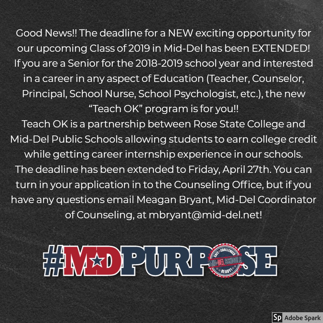 middelnews's tweet photo. If you are a Senior for the 18-19 school year &amp; interested in a career in any aspect of Education (Teacher, Counselor, Principal, School Nurse, School Psychologist, etc.), the new “Teach OK” program is for you! #mdpurpose Download your application here: https://t.co/ko9diz1Osn https://t.co/Rgu7ct1zor