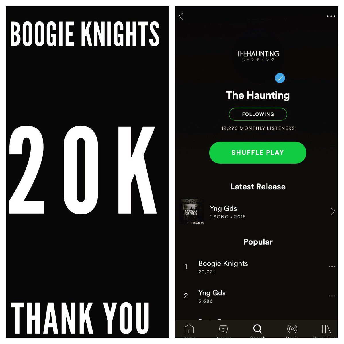 TheHauntingNY's tweet photo. We told you to get wild for this one and you did. 20,000 streams already for Boogie Knights. 

We appreciate you. 
#TurnUpTeam https://t.co/aORvMV2aIc