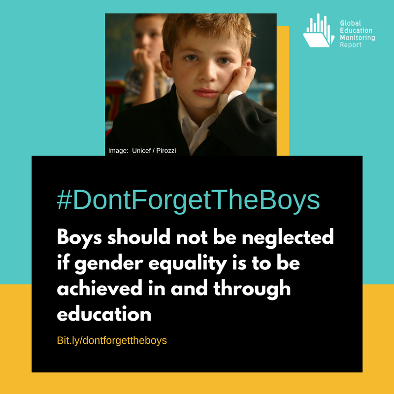 UNESCO's tweet photo. New @GEMReport policy paper says: #DontForgetTheBoys if gender equality is to be achieved in and through education https://t.co/4Bns2ObBQA https://t.co/M9xCIom6nC