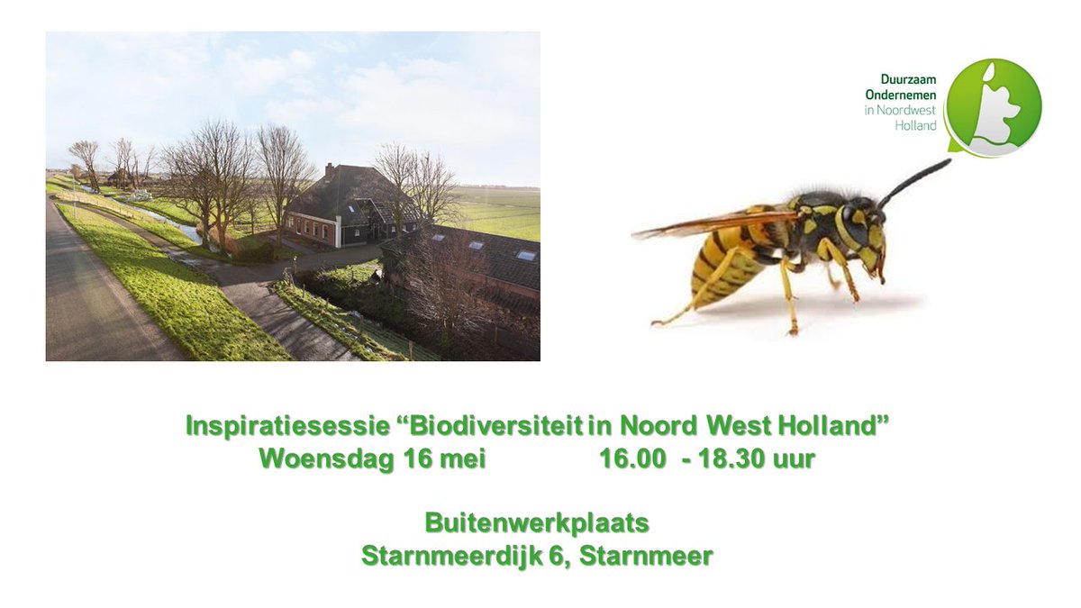 Hoe gaat een ondernemer om met de druk op de biodiversiteit in onze regio? Graag nodigen wij u uit voor de inspiratiesessie 'biodiversiteit in Noord West Holland' op de <a href="/Buitenwerk/">Buitenwerkplaats</a> plaats in Starnmeer met <a href="/johnkoomentuin/">John Koomen</a> en kok Saskia
Inschrijven kan hier: bit.ly/2HPtf4g