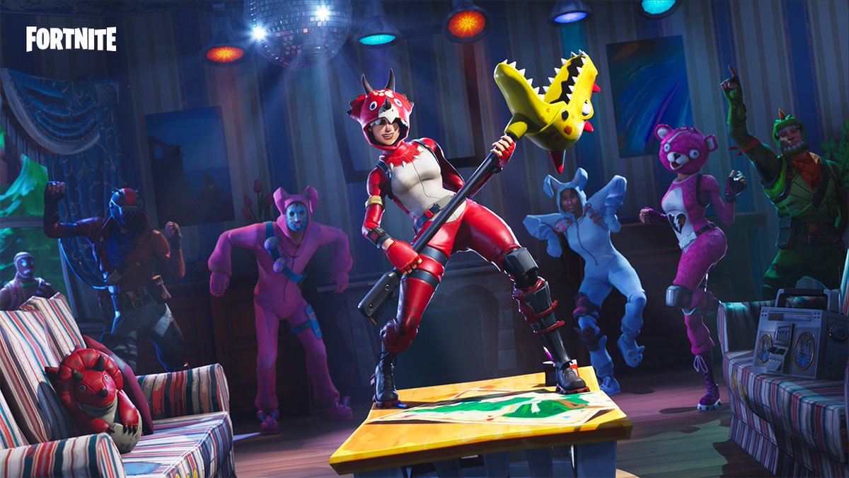 Fortnite's tweet photo. Don’t get left out of the celebration!

Take a bite out of the competition with the new Tricera Ops Outfit and Bitemark pickaxe. Available now in the item shop. https://t.co/nNTrkTZYmn