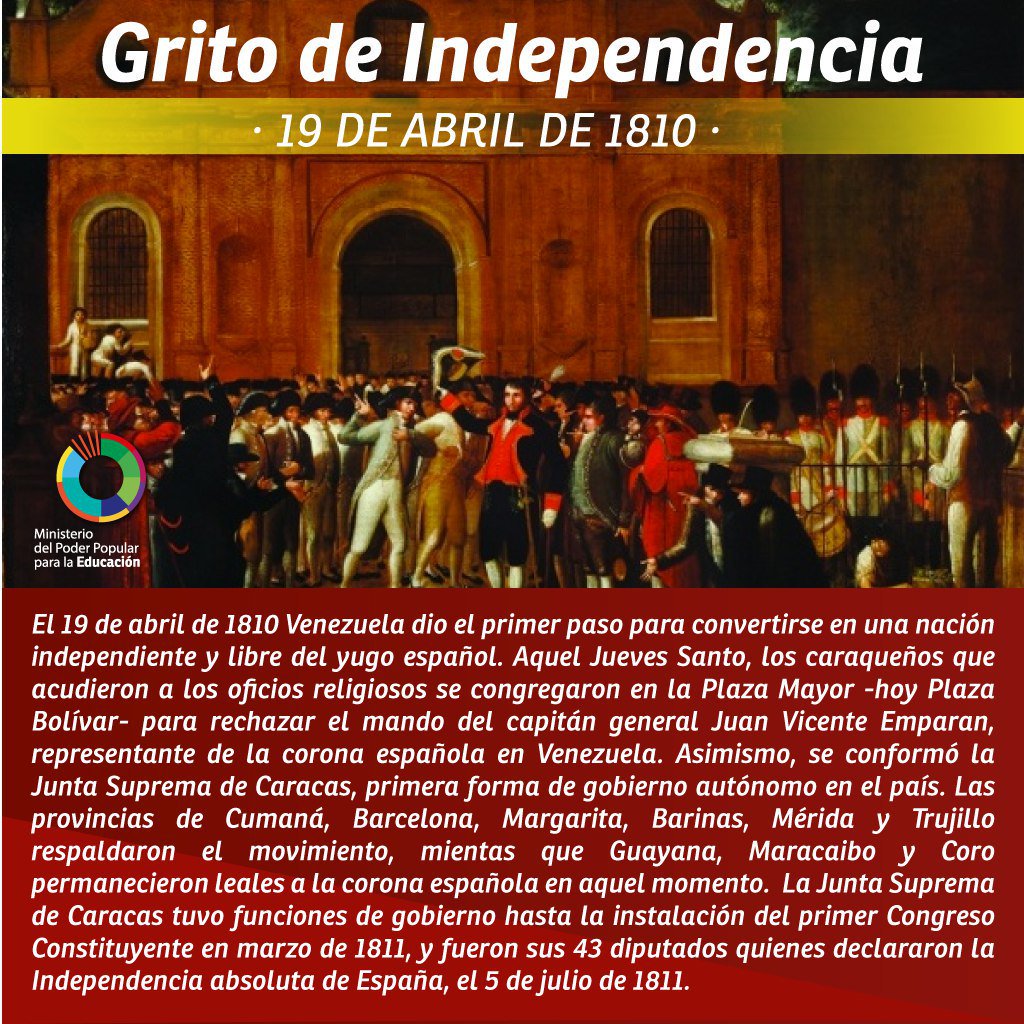 #EfeméridesHoy La revolución del 19 de abril de 1810 marcó el inicio de la lucha por la independencia del dominio español en Venezuela.