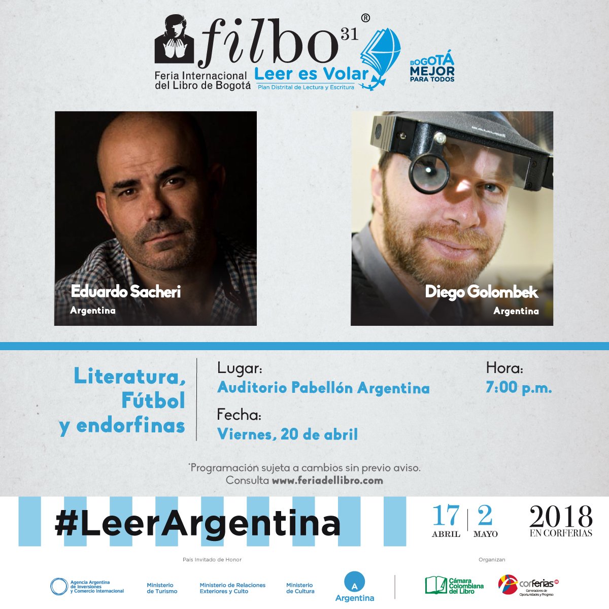 FILBogota's tweet photo. ¡La literatura Argentina sale a la cancha!

¡Conoce algunos eventos de la delegación Argentina en la #FILBo2018! #LeerArgentina @ArgColombia @CancilleriaARG @MinCulturaAr
 
Acompáñanos a #SentirLasIdeas con Argentina, País Invitado de Honor https://t.co/jC2kpd3SIN