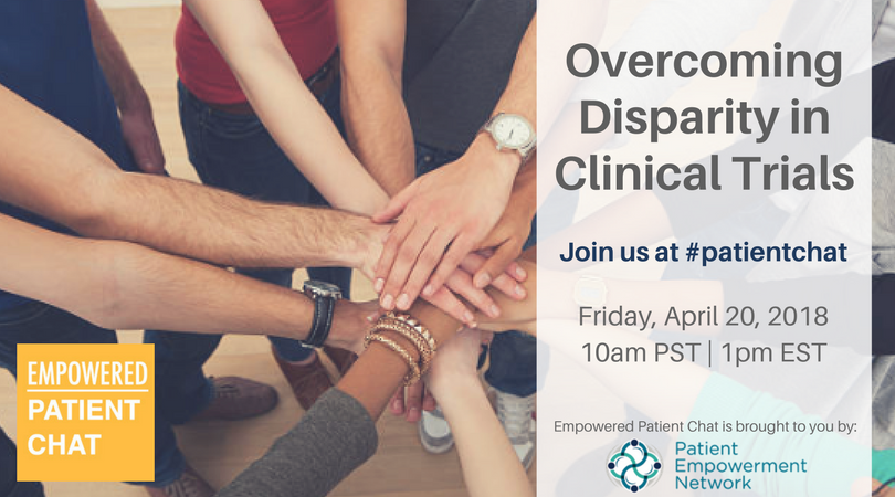 patientchat's tweet photo. Join/Share: "Overcoming Disparity in Clinical Trials" Empowered #patientchat Fri 4/20 1pmET #epatient #ptexp #hcsm #hcsmca #hcldr #patientadvocacy #patientinvolvement #CTAW https://t.co/oSsnaW27zp https://t.co/TYVRw2guEB