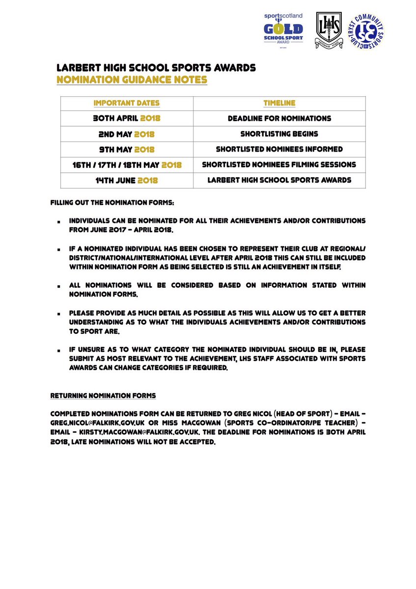 🏆 Sports Awards 🏆

🥇 Nomination Deadline: Monday 30th April 2018

🥈 Note to Parents: Please provide as much detail as possible when highlighting pupil achievements.

🥉 Send all Completed nomination forms to Greg.Nicol@falkirk.gov.uk

💯 <a href="/LarbertHigh/">Larbert High School</a> <a href="/LHS_HWB/">Larbert High School HWB</a>