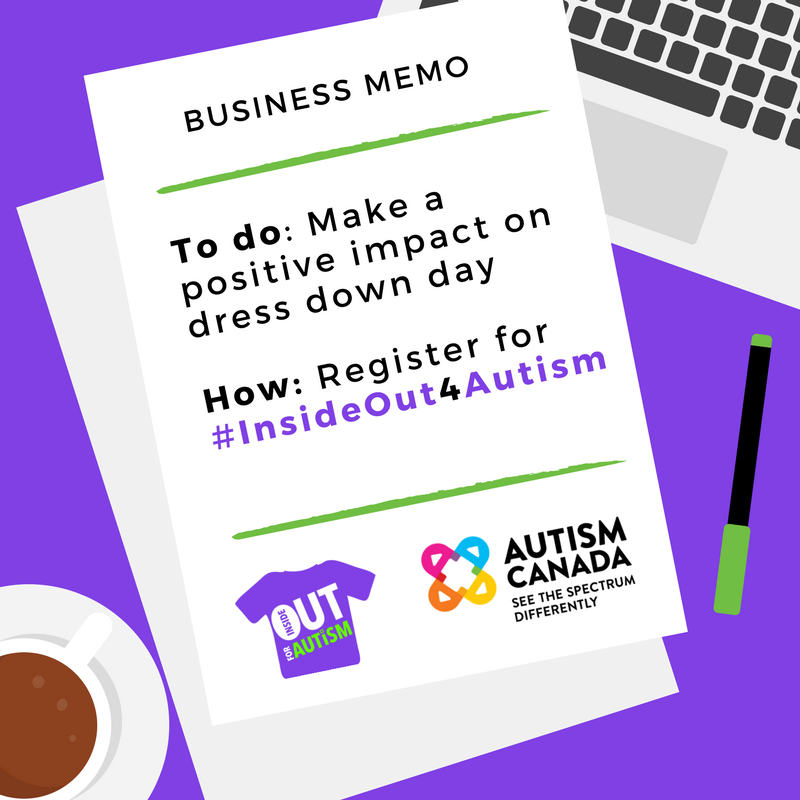 AutismCanada's tweet photo. When is your next dress down day? We're calling on businesses to support #autism awareness and acceptance by participating in #InsideOut4Autism any day until October 31: https://t.co/0NQhHgRGXw https://t.co/McmTKXrw6f