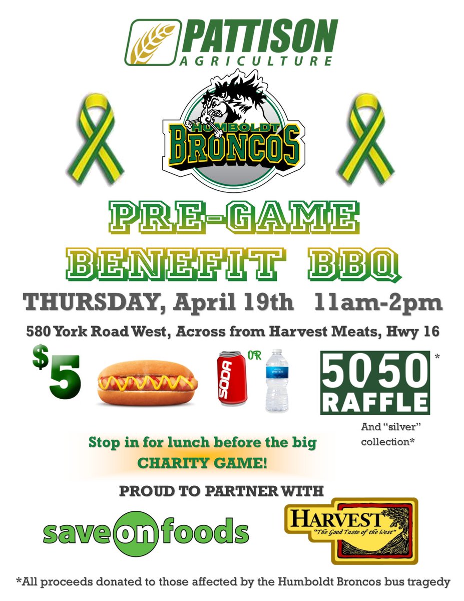 PattisonAg's tweet photo. Stop in to @PattisonAg  on York Rd W, TODAY 11am-2pm for a pre-game BBQ to kickoff the benefit hockey game at @farrell_ltd  Arena 7:45pm! Thanks to @HarvestMeats  @saveonfoods  @GX94Radio  @MOREFOXFM  @YorktonCoop  for partnering with us! Proceeds to #HumboldtStrong efforts. https://t.co/URaeIm01BQ
