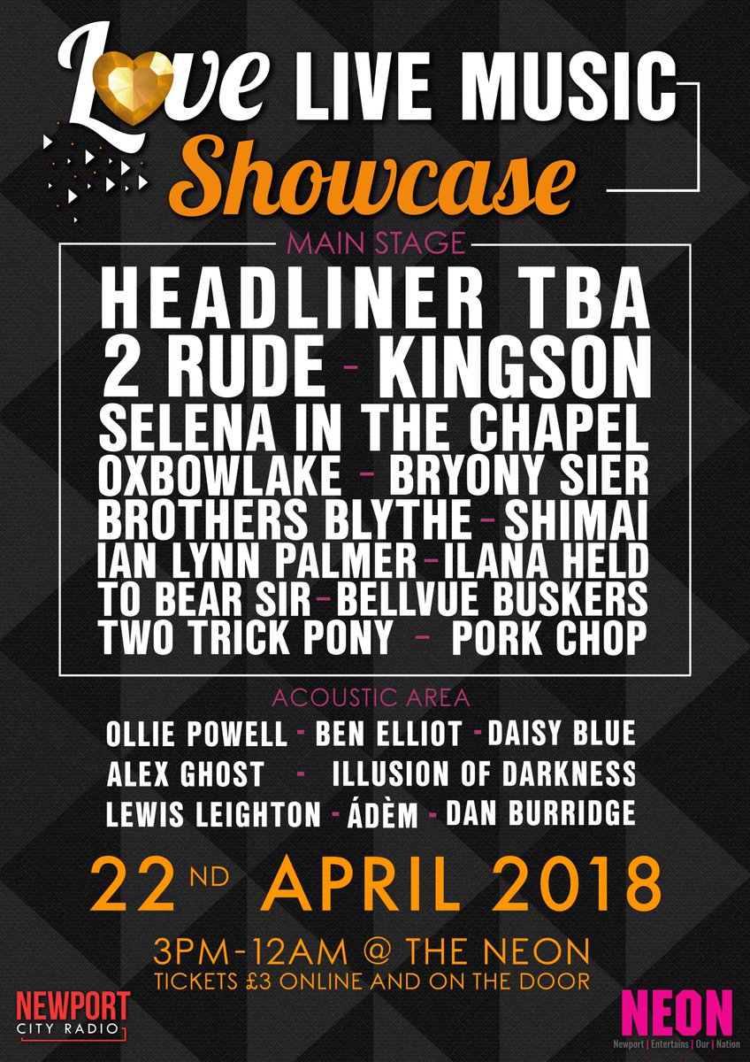ONLY 3 DAYS TO GO UNTIL THE LOVE LIVE MUSIC SHOWCASE OVER AT <a href="/NewportNeon/">Neon</a>! GET YOUR TICKETS NOW TO AVOID DISAPPOINTMENT! ONLY £3! PLUS NEW HEADLINE ACT TO BE ANNOUNCED SOON! ❤️🎵🎉
ticketsource.co.uk/date/481820