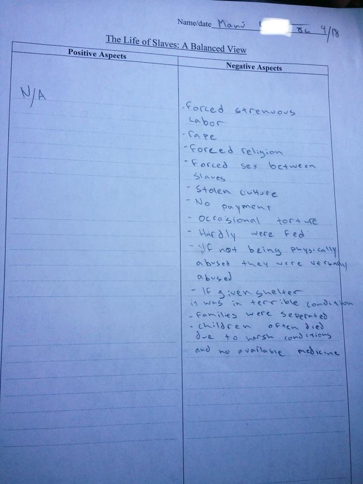 JoaquinCastrotx's tweet photo. This is absolutely unacceptable. A @GreatHeartsTX charter school in San Antonio asked students to complete a “balanced view” assignment about slavery, requiring them to list the “positive aspects” of slave life. The teacher worked from a @pearson textbook. https://t.co/mzEWty68tB