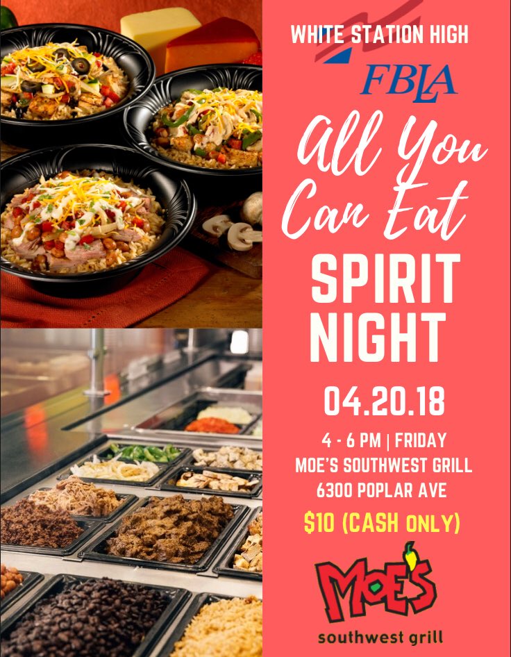 fbla_wshs's tweet photo. Come and eat ALL YOU CAN at Moe’s on Poplar for $10 (cash only) !! Tell all your friends and family 😜 https://t.co/0NMF5wC7Md