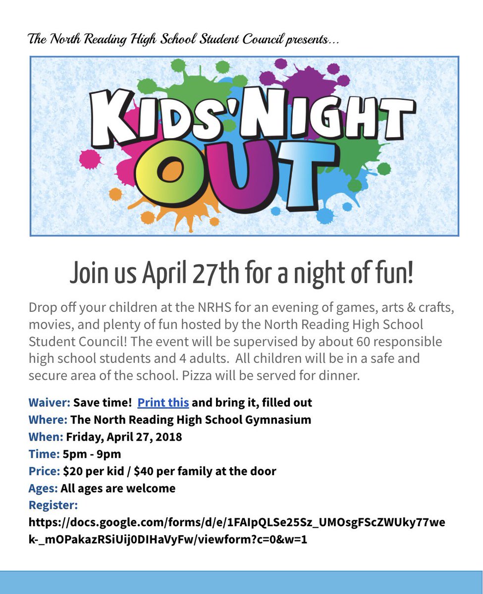 NReading_StuCo's tweet photo. Kids Night Out is next Friday! Make sure you sign up! https://t.co/eWveUqVvR5