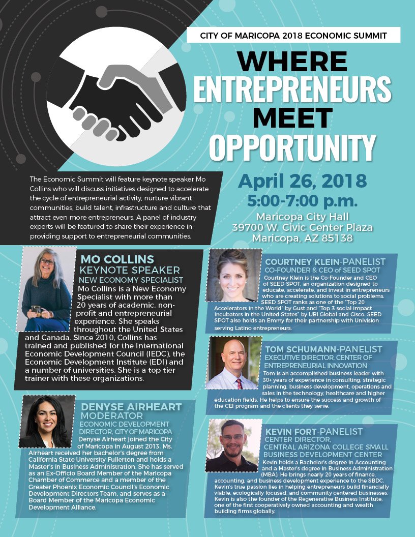 MaricopaEconDev's tweet photo. Don't miss the City of Maricopa 2018 Economic Summit: Where Entrepreneurs Meet Opportunity, Thurs. April 26 from 5-7 pm. Space is limited, register here: https://t.co/UT2s4bVx9t https://t.co/mm89f5hl5R