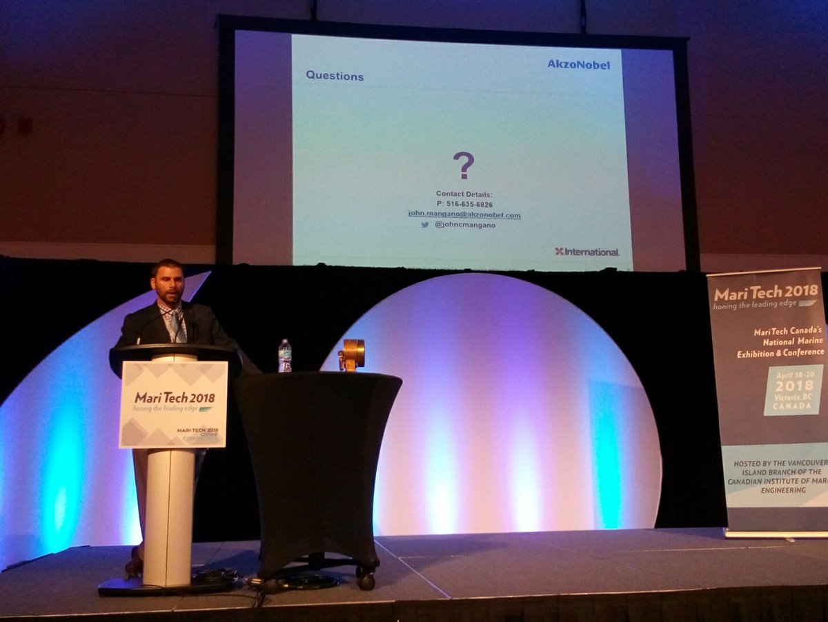 MT18_Victoria's tweet photo. .@JohnCMangano of @IP_Marine @AkzoNobel taking questions at #MariTech2018, about lighter deck coatings, "...not sexy, but crucial" https://t.co/Pgvm32gCl3