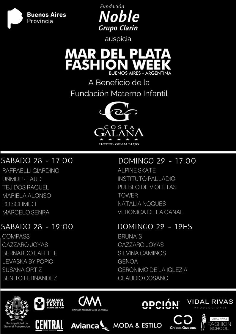 Esta es la grilla del #MDPFW18 en <a href="/CostaGalana/">Hotel Costa Galana</a> . 1er Fashion Week de <a href="/BAProvincia/">Gobierno PBA</a> en @MGPmardelplata . Organizado x <a href="/arfashionweek/">VidalRivas</a> y auspiciado x @camaratextil <a href="/CamaraDeLaModa/">Camara Argentina De La Moda</a> y <a href="/FundacionNoble/">Fundación Noble</a> . A beneficio de <a href="/FundamiMDP/">FUNDAMI</a> . MP <a href="/RevistaCentral1/">Revista Central</a> <a href="/ModayEstiloTV/">Moda & Estilo</a> <a href="/ChicasGuapasTV/">Chicas Guapas TV</a>