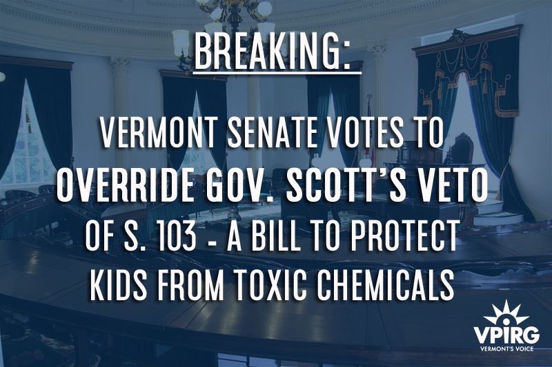 VPIRG's tweet photo. BREAKING: The VT Senate just voted 22-8 to override Gov. Scott’s veto of S.103 — the bill to protect kids and communities from toxic chemicals.
It now heads to the House. Contact your VT House reps and tell them to override the gov’s veto of S.103! #vtpoli #ToxicFreeVT https://t.co/3cAEXE5WaD