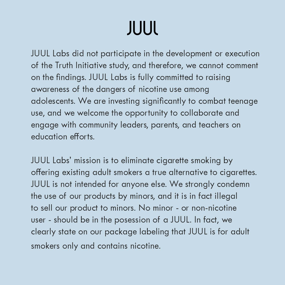 JUULvapor's tweet photo. Preventing underage use of our product is a top priority. We hope to partner with those who want to prevent underage use of JUUL and encourage people to reach out to us at youthprevention@juul.com https://t.co/beyR9kUkaf