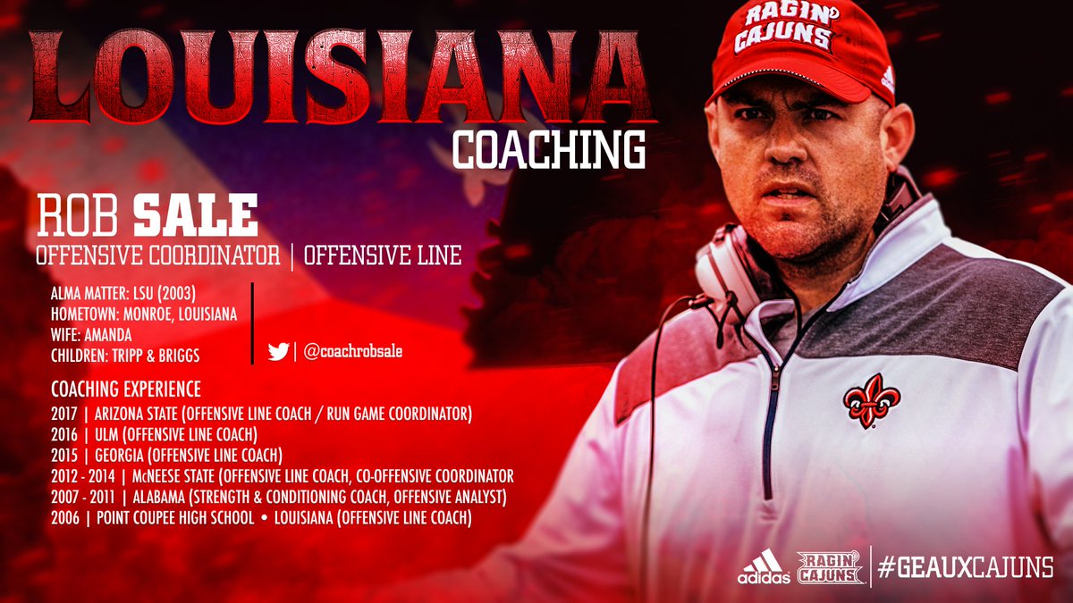 RaginCajunsFB's tweet photo. Find out more about Offensive Coordinator, @CoachRobSale!
#GEAUXCajuns #cULture #THISisLOUISIANA #36KStrong https://t.co/qQH5vmA9Rj