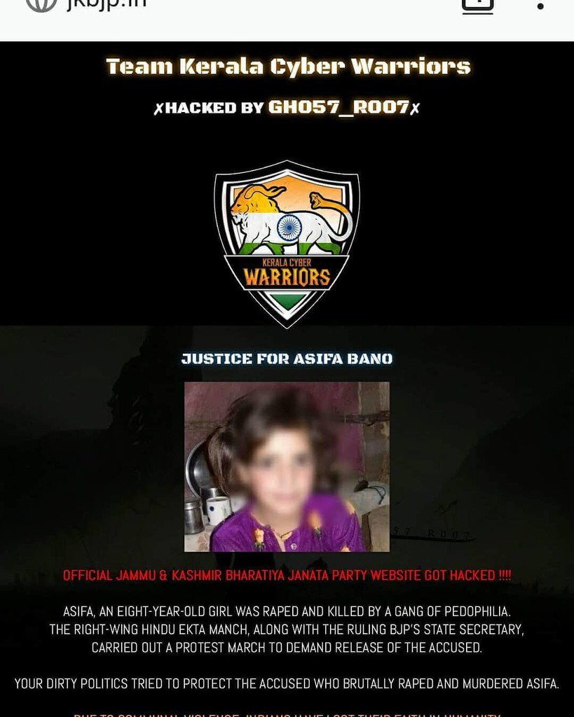 iambackpage's tweet photo. #Kerala Cyber warriors had hacked #JammuAndKashmir #BJP's official site
#JusticeForAsifa #JusticeForUnnao #TrollSangh #BJPShieldsRapist #BalatkariJanataParty #RapistRSS https://t.co/fh542DJiiS