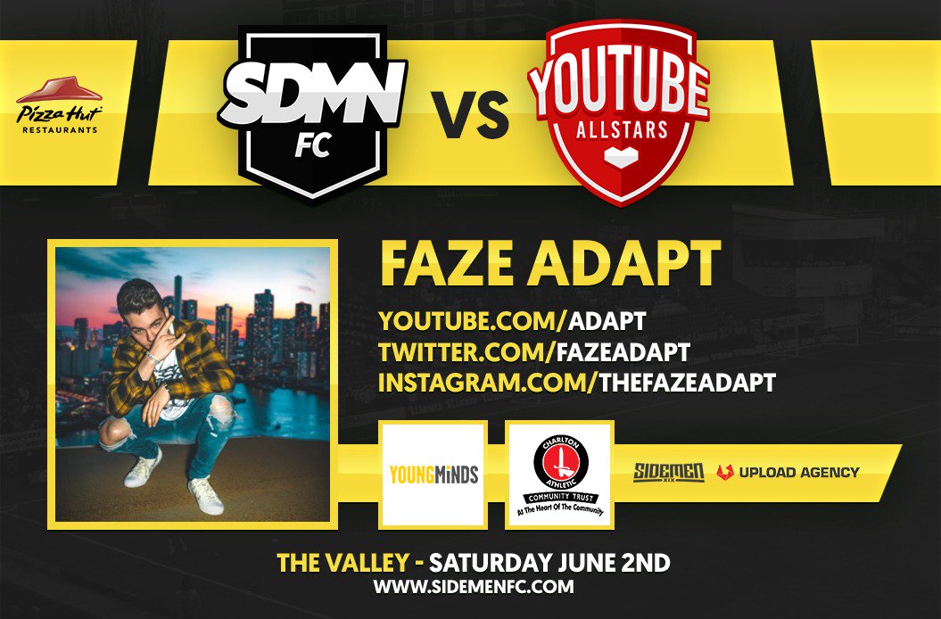 We are happy to announce that @fazeadapt 🇺🇸 will be playing in our @sdmnfc charity match this year! Tickets > sidemenfc.com