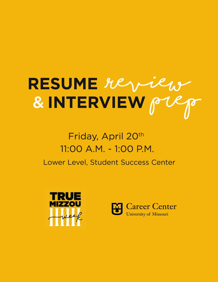 MSAmizzou's tweet photo. You won't want to miss this...Stop by the @MUCareerCenter tomorrow from 11-1 for resume &amp; interview help! Your name will be entered into a raffle to win a basket full of much-needed "career prep" goodies. https://t.co/TcrObFUosD