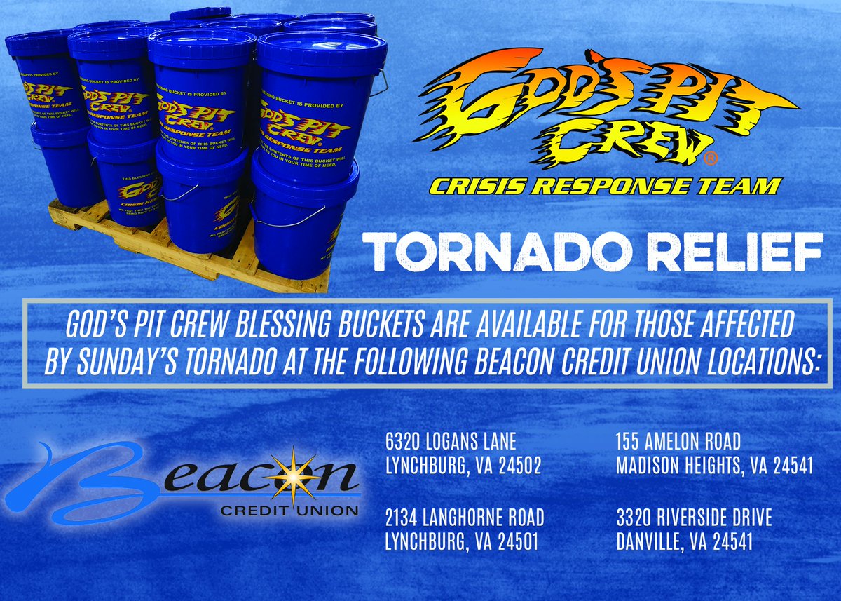 GodsPitCrew's tweet photo. #BlessingBuckets are available at the following locations of @MyBeaconCU for those who have been impacted by the tornadoes in #LynchburgVA #DanvilleVA and #ElonVA #disasterrelief #tornadorelief #GPC #godspitcrew #deliveringhope #HelpForOurHometown https://t.co/D86bCSiBaM