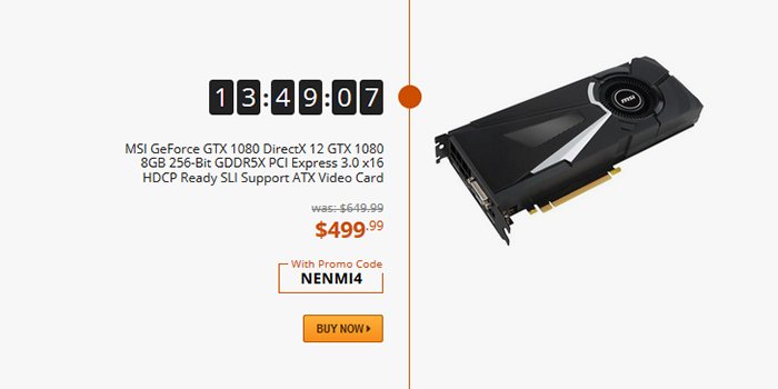Newegg's tweet photo. 🗲 #NeweggNow Deal 🗲 

 @msiUSA GeForce GTX 1080 AERO 8G OC 8GB 256-Bit GDDR5X SLI Support ATX GPU - $499.99 (orig. $649.99) w/ promo code: NENMI4 ▶ https://t.co/dL8VEQZl7t https://t.co/g6PkRriy7R