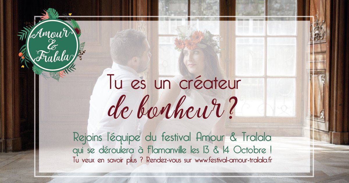 AmourTralala's tweet photo. 🎉Il nous reste quelques places disponibles pour participer au Festival @AmourTralala les 13 &amp; 14 Octobre 2018 ! Alors si vous êtes créateur de bonheur dans l'univers du mariage, contactez-nous vite 😉
Un retour sur l'édition 2017 ?
C'est par là ➡ https://t.co/zrEXfZdy6x https://t.co/ojQ1fcgBTy
