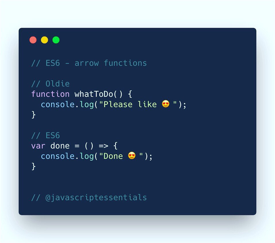 jsessentials's tweet image. The es6 arrow function.
.
.
#javascriptessentials #jseseries
#array #javascript #es6 #angular #reactjs #vuejs #html #css #webdeveloper #webdevelopment #frontenddeveloper