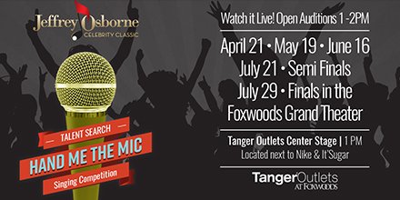 Do you have what it takes to be the next singing sensation? <a href="/_JeffreyOsborne/">Jeffrey Osborne</a> has teamed up with the <a href="/TangerOutlets/">Tanger Outlets</a> at #Foxwoods for the ultimate talent search! Come out this Saturday for the 1st round of auditions with celeb judge <a href="/MissAmericaCT/">Miss Connecticut</a>! ow.ly/wGjC30jyqgw