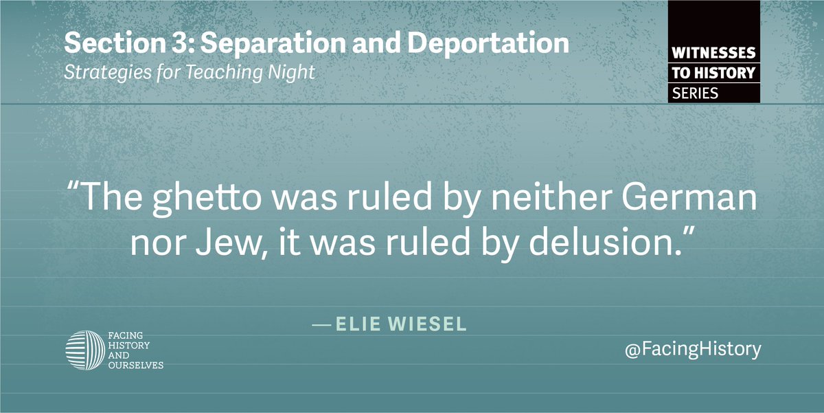 facinghistory's tweet photo. What does Elie Wiesel mean? What other events, characters, and language in this section reflect the “delusion” in Sighet? #TeachingNight

https://t.co/dKMY7thrXw https://t.co/6PCopNDNc8