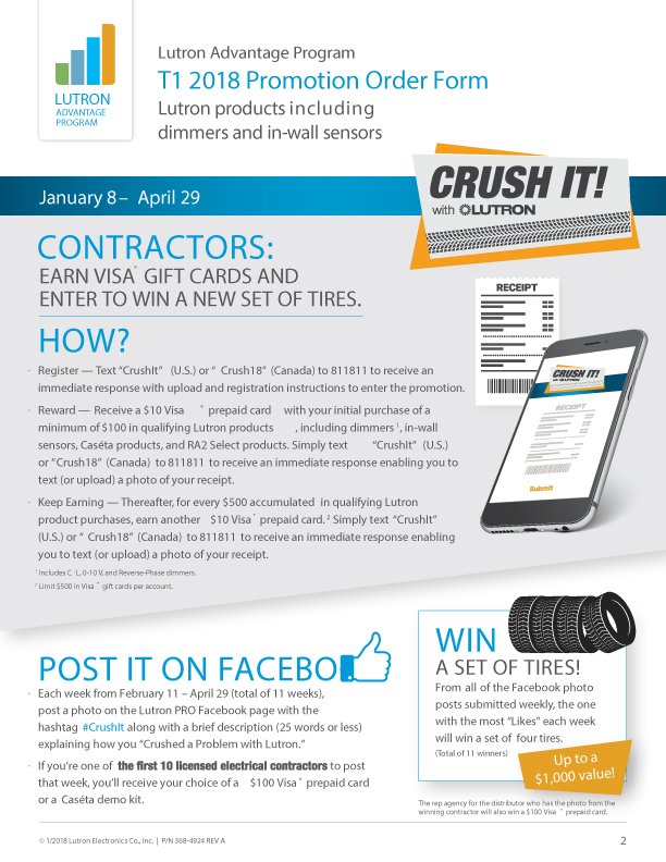 IES1921's tweet photo. Only 10 Days left to #CRUSHIT with #LUTRON to earn up to $500 in #VISA #prepaid cards, plus a chance to #WIN a set of #tires! 
#Crush18 #Contractors #Electrical #Lighting #Wholesale #Distribution #Toronto #GTA https://t.co/oqDkn58rF8