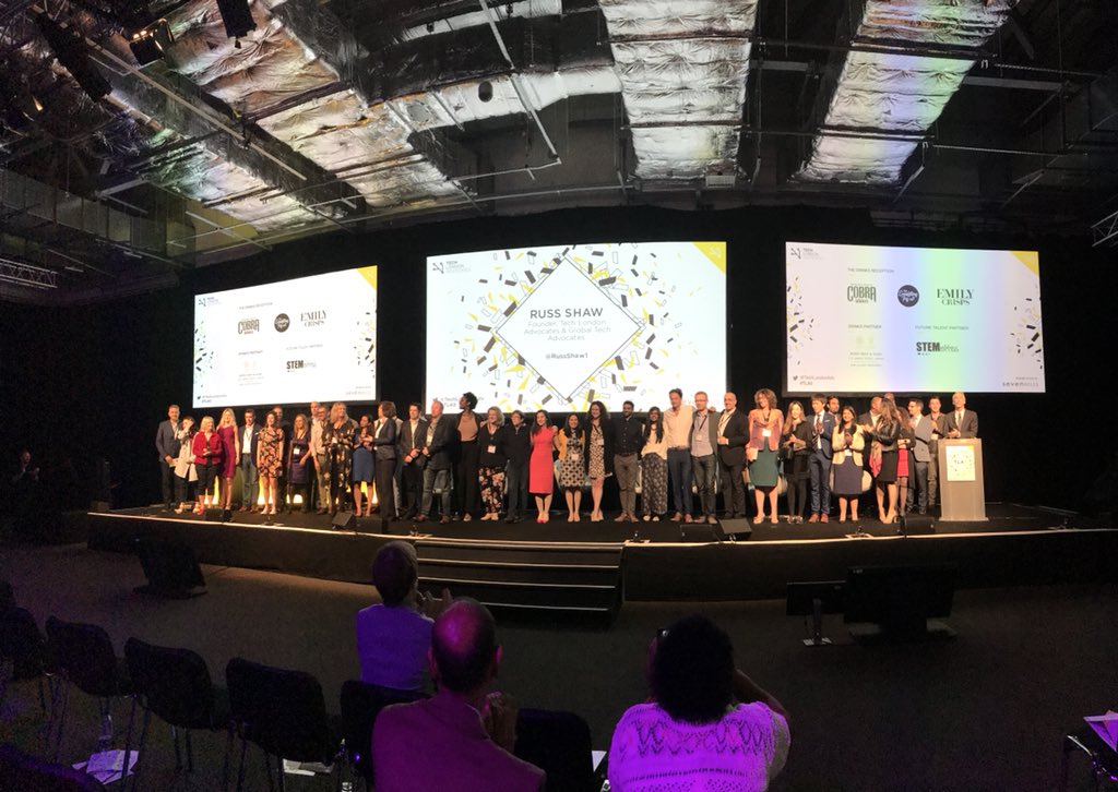 #tla5 <a href="/TechLondonAdv/">Tech London Advocates</a> all the team on the stage <a href="/HereEast/">Here East</a> lead by <a href="/RussShaw1/">Russ Shaw CBE</a> #startup #london